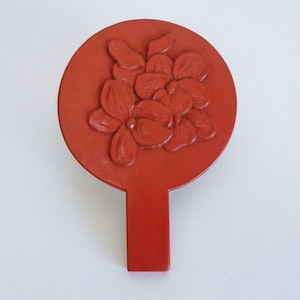 Japanese Hand mirror, Kamakura bori  Art craft  Hand carved Lacquered Wood Vermilion red Geisha mirror #A6202