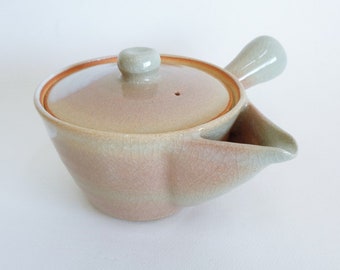 A7609# Hohin Kyusu handled Teapot Japanese Kyoto pottery made in Hagi technique , Vintage unused