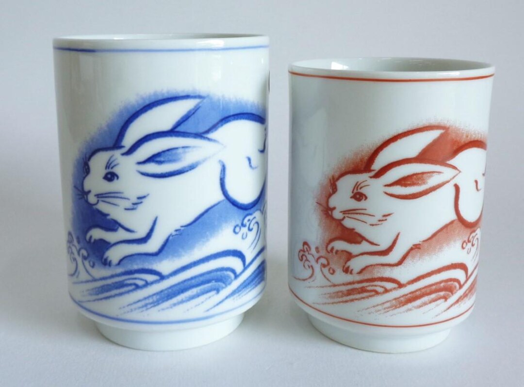 Yunomi Rabbit Meoto Yunomi Teacups (pair), Running Rabbit, Hare-bunny Design ...