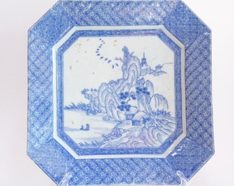 Antike japanische Imari Sometsuke quadratische Servierplatte Arita Ko-Imari Blau-Weißes Porzellan, Edo oder frühe Meiji-Periode #JI7