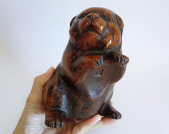 アンティーク鋳鉄製秋田犬の子犬置物、日本の古い南部鉄器工芸品手作り