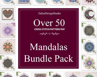 Mandala Cross Stitch Patterns Bundle, Over 50 Embroidery Charts, PDF Download