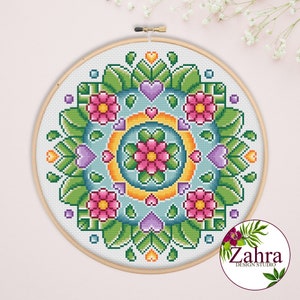 Mandala Cross Stitch Pattern. Colorful Floral Mandala Cross Stitch Chart. PDF Instant Download. Spring Blossom #10