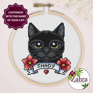 ボンベイ黒猫のクロスステッチパターン。猫のクロスステッチチャート。カスタマイズ可能なクロスステッチ。PDFですぐにダウンロードできます。#CATP028