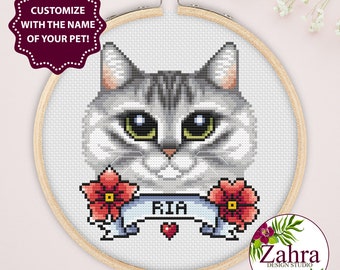 Gray Siberian Cat Cross Stitch Pattern. Cat Cross Stitch Chart. Customizable Cross Stitch. PDF Instant Download