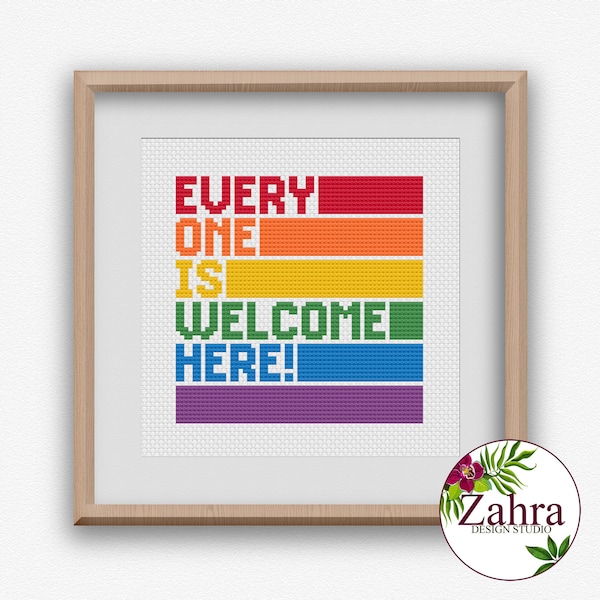 Todos son bienvenidos aquí - Bordado Arcoíris (Descarga en PDF)