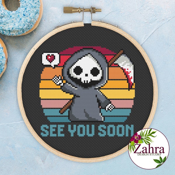 Cute Grim Reaper - See You Soon! Grim Reaper Cross Stitch Pattern. Funny Cross Stitch Chart. PDF Instant Download