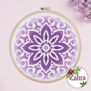 Patrón de punto de cruz mandala de acuarela. Gráfico de punto de cruz de mandala floral colorido. Descarga instantánea de PDF. #35