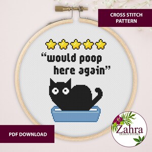 Cat cross stitch pattern featuring a black cat sitting in a blue litter box with five yellow stars above the cat and the text "would poop here again".
