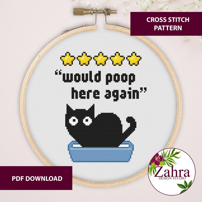 Cat cross stitch pattern featuring a black cat sitting in a blue litter box with five yellow stars above the cat and the text "would poop here again".