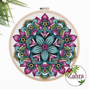 Mandala-kruissteekpatroon – modern boho bloemenborduurontwerp (pdf-download)