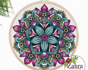 Mandala Cross Stitch Pattern – Modern Boho Floral Embroidery Design (PDF Download)