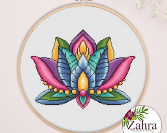 Lotus Cross Stitch Pattern. Colorful Lotus Mandala Cross Stitch Chart. PDF Instant Download. #27