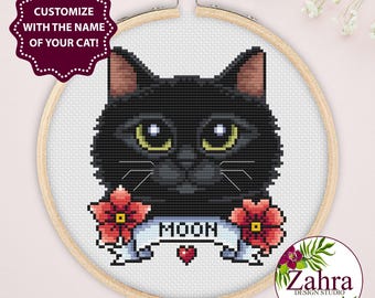 Longhaired Black Cat Cross Stitch Pattern – Pet Portrait - Embroidery Design (PDF Download)