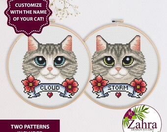 Longhaired Gray Cat Cross Stitch Pattern – Pet Portrait - Embroidery Design (PDF Download)
