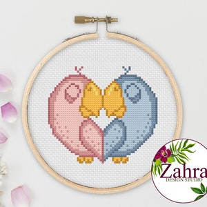 Modèle de point de croix Amour : petits oiseaux pour la Saint-Valentin (téléchargement PDF)