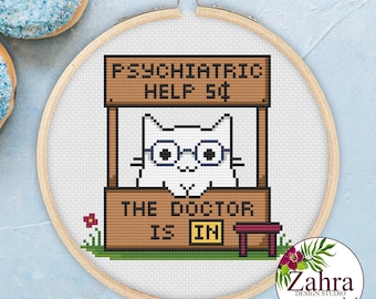 Psychiatric Help, The Doctor is In! Cat Cross Stitch Pattern. Funny Cross Stitch Chart. PDF Instant Download