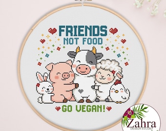 Patrón de punto de cruz "Amigos, no comida" - Diseño de bordado vegano (Descargar PDF)