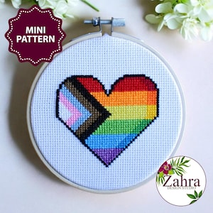 Puede incluir: Un aro de bordado blanco con un diseño de corazón arcoíris. El corazón está hecho de diferentes rayas de colores, incluyendo rosa, azul, verde, amarillo, naranja y rojo. El corazón está rodeado de un fondo blanco.