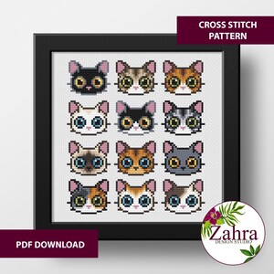 Mini Cats Cross Stitch Pattern - 12 Tiny Embroidery Designs (PDF Download)