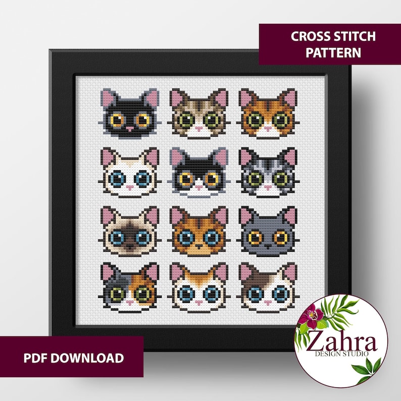 Mini Cats Cross Stitch Pattern - 12 Tiny Embroidery Designs (PDF Download)