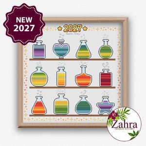 May include: A framed cross-stitch pattern featuring twelve colorful potion bottles arranged on three shelves. The design includes the text 2027 and Rone-Italy at the top, surrounded by small star and sparkle icons. Each bottle contains horizontal stripes of various colors.
