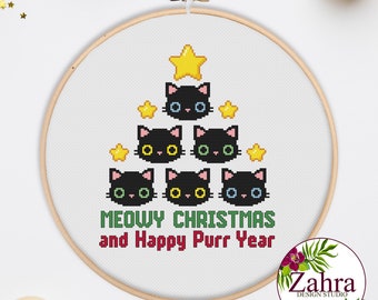 Christmas Cross Stitch Pattern - Meowy, Cat Embroidery Design (PDF Download)