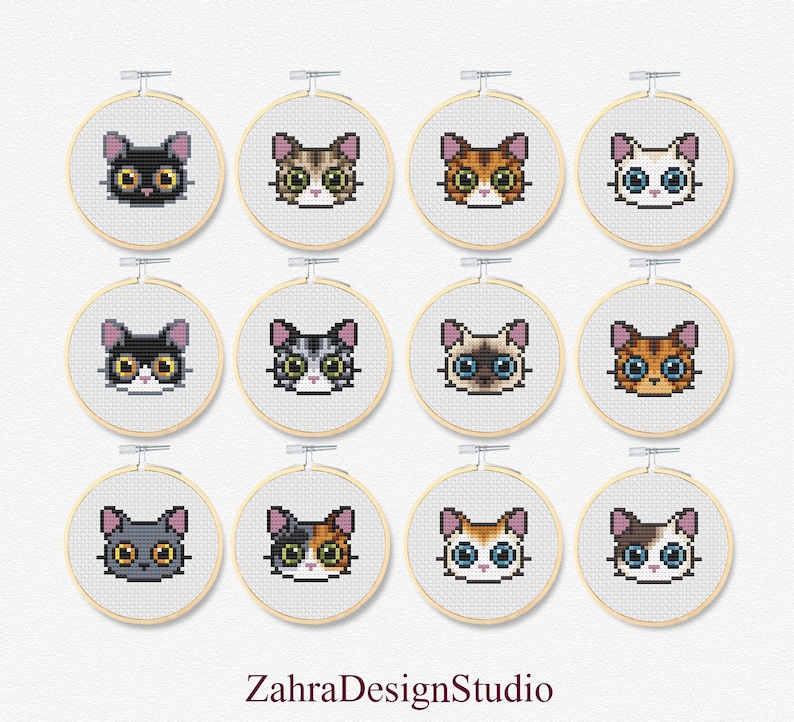Twelve different mini cross-stitch patterns of cute cats with various fur colours and patterns.