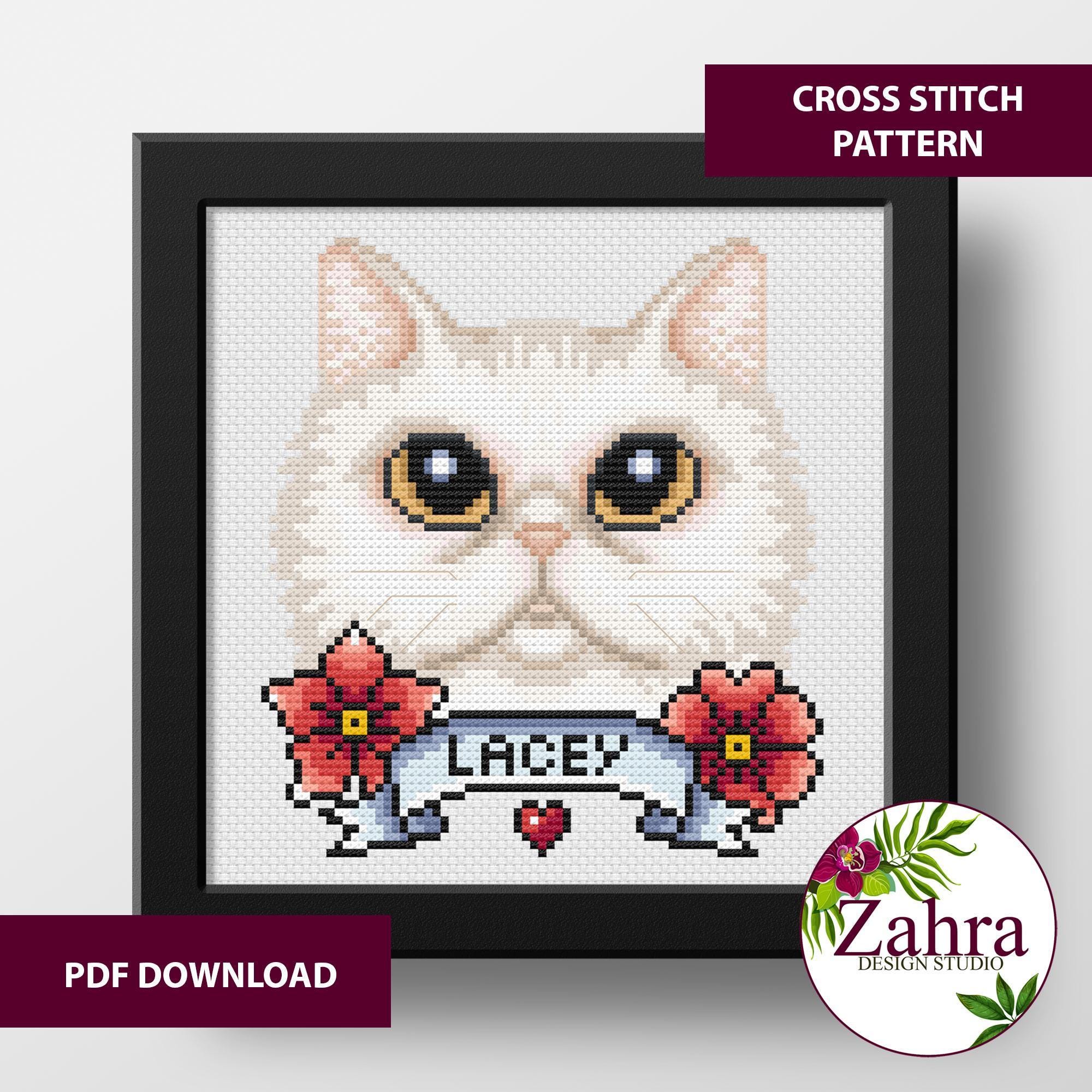 白いペルシャ猫のクロスステッチパターン - ペットの肖像画 - 刺繍