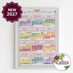 Kreuzstichmuster „Temperatur 2027“, romantisches Kalender-Stickdesign, PDF-Sofortdownload
