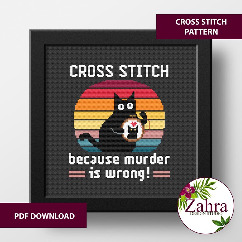 Snarky cross stitch pattern with black cat