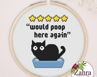 Five Stars Would Poop Here Again! Cat Cross Stitch Pattern. Funny Cross Stitch Chart. PDF Instant Download