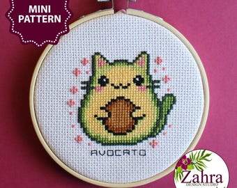 Mini Cross Stitch Pattern. Avocato, Cat (PDF Download)