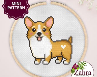 Mini Cross Stitch Pattern, Corgi Dog, PDF Download