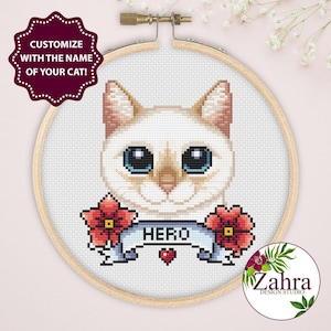 Korsstygnsmönster med siamesisk katt med flamspets – Husdjursporträtt – Broderidesign (PDF-nedladdning)