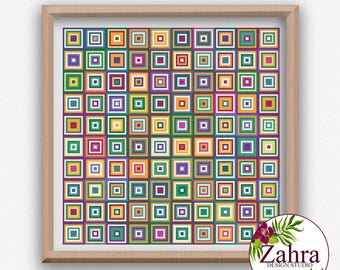 Geometric Cross Stitch Pattern, Modern Sampler, Colorful Abstract Design, PDF Download