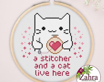 Cat Cross Stitch Pattern, Stitcher Home Quote, PDF Download
