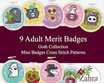 Set of 9 Adult Merit Badges! Goth Collection. Mini Badge Cross Stitch Pattern. Easy and Funny Cross Stitch Chart. PDF Instant Download