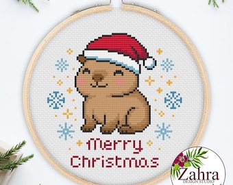 Patrón de punto de cruz navideño - Diseño de bordado de capibara (Descarga PDF)