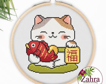 Lucky Cat Cross Stitch Pattern - Maneki-neko - Embroidery Design (PDF Download)