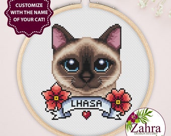 Siamese Cat Cross Stitch Pattern. Cat Cross Stitch Chart. Customizable Cross Stitch. PDF Instant Download