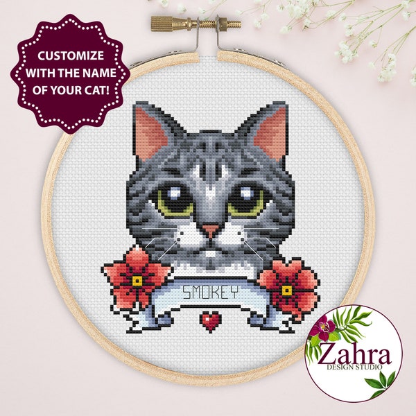 Padrão de ponto cruz de gato malhado cinza – Retrato de animal de estimação – Desenho de bordado (Download em PDF)