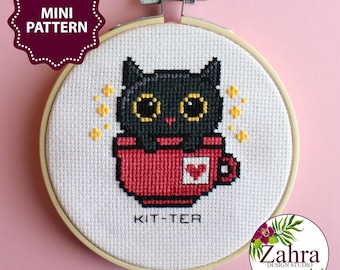 Mini Cross Stitch Pattern. Kit-tea, Cat (PDF Download)