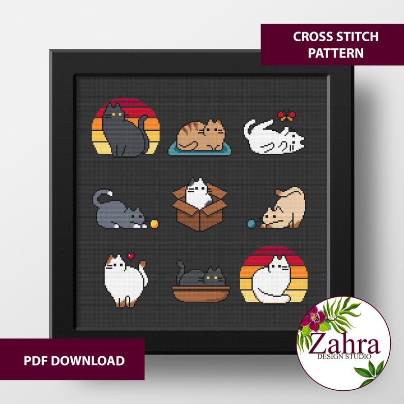Mini Cats Cross Stitch Pattern - 9 Small Embroidery Designs (PDF Download)