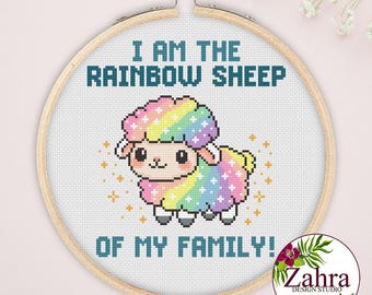 Soy la oveja arcoíris de mi familia - Patrón de punto de cruz del orgullo LGBTQ (descarga en PDF)