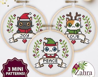 Joy, Love and Peace! Christmas Patterns! Cat Cross Stitch Patterns! 3 Patterns Included