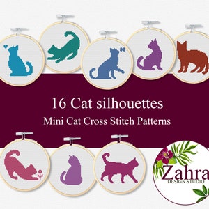 Cat Silhouettes Cross Stitch Pattern. Set of 16 Mini Cat Cross Stitch Pattern. Cross Stitch Bundle. PDF Instant Download