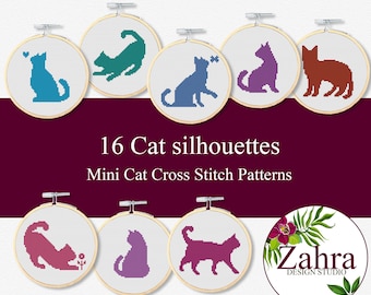 Mini Cross Stitch Pattern - 16 Cat Silhouettes (PDF Download)