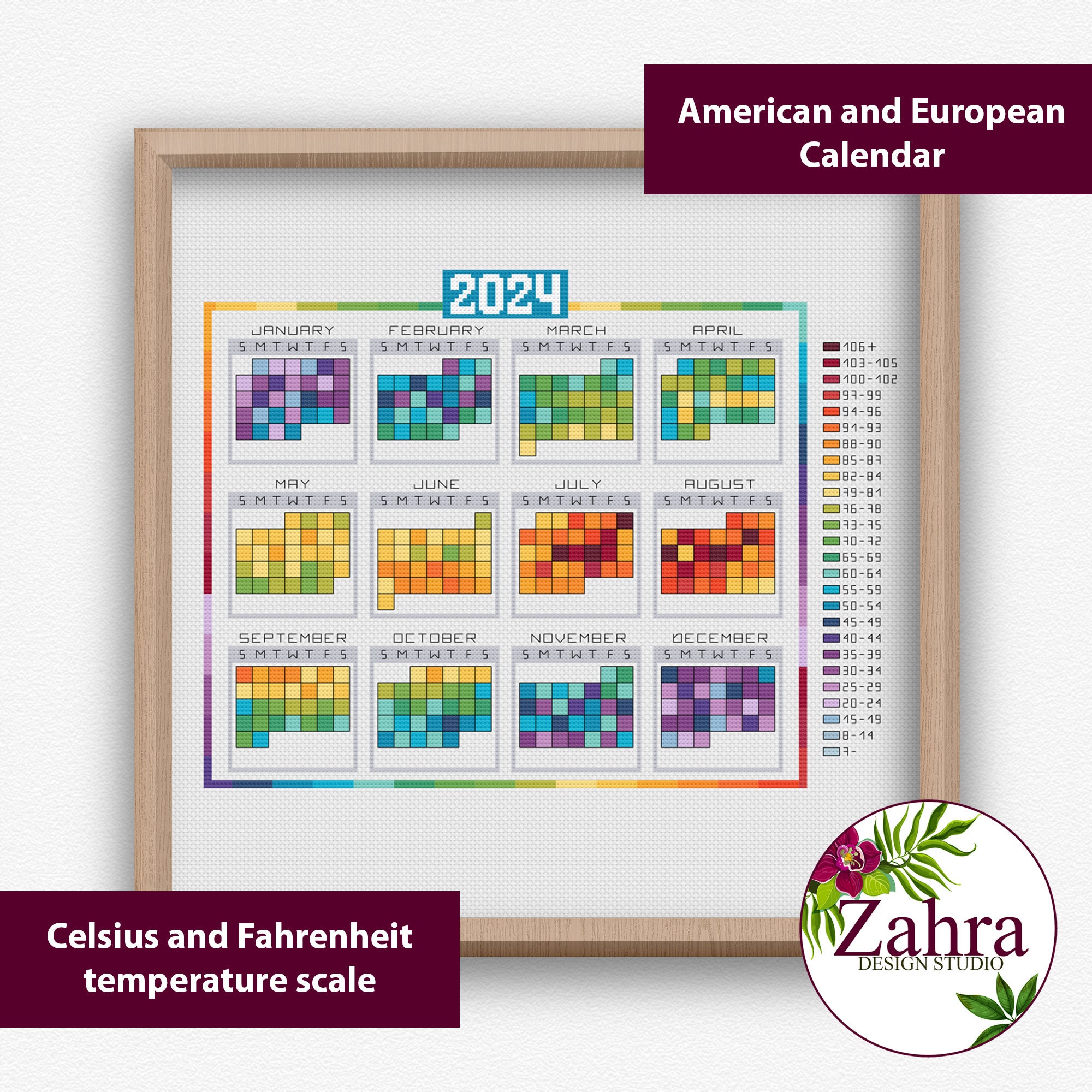 2024 Calendar Temperature Cross Stitch Pattern Temperature Cross Stitch  Chart. PDF Instant Download - Etsy