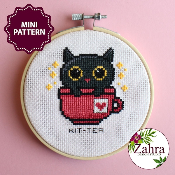 Mini schema punto croce - Kit-tea, disegno da ricamo gatto (download PDF)